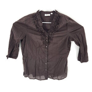D & Co Womens Blouse Brown 3/4 Sleeve Button Cuff Notch Neck Ruffle Front L